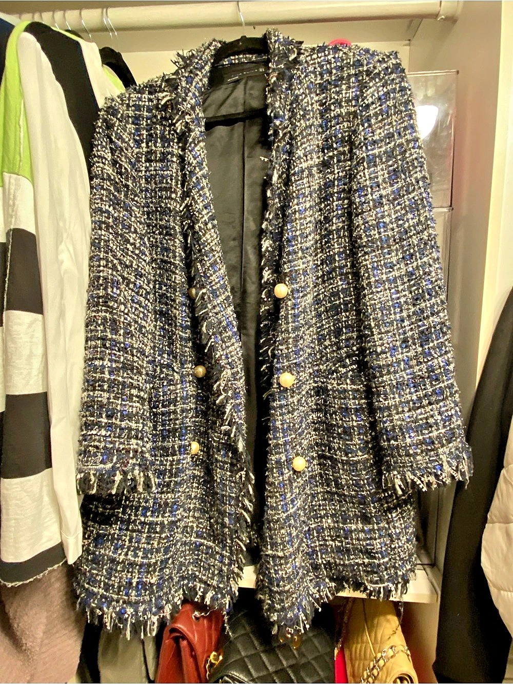 Zara Woman Tweed Fringe Blazer in Blue & Black Size Medium